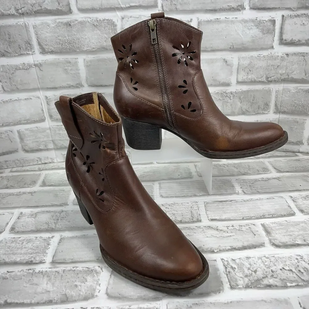 Born Ivy Women's Size 9 Brown Full Grain Leather Laser Cut Western Ankle Boot